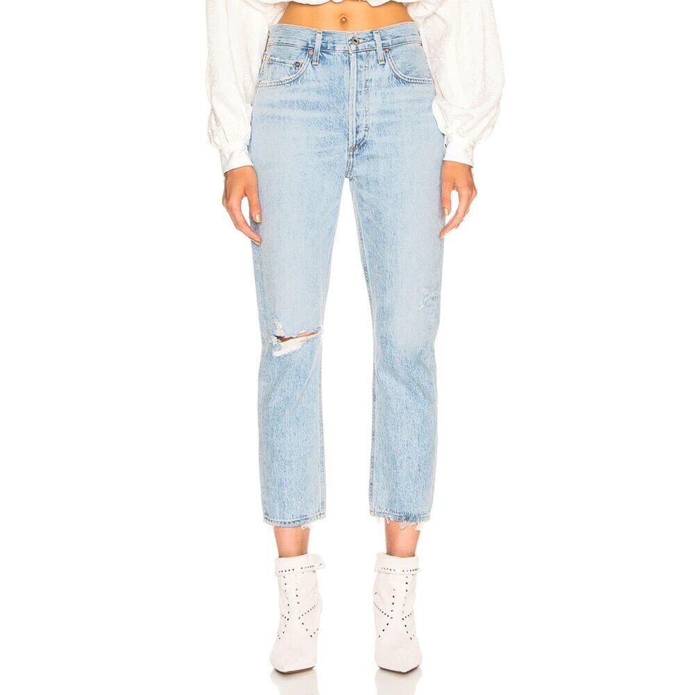 AGOLDE Riley High Rise Straight Leg Crop Shatter Wash Jeans Size 26 Distressed